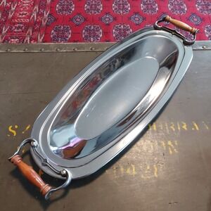 Atapco Vintage Chrome Serving Tray Oval Platter Wood Handles Made in USA 17x6.5
